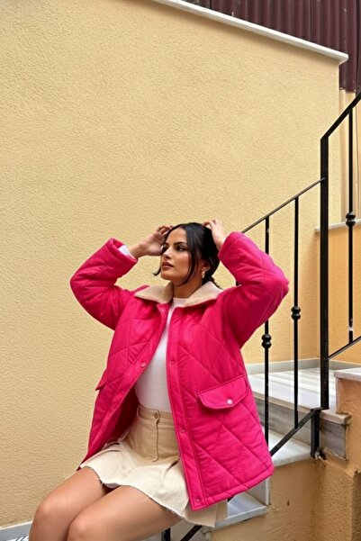 comstar Women's Fur Collar Argyle Patterned Quilted Fuchsia Coat