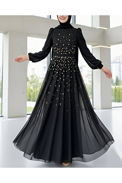 Modamorfo Lined Tulle Evening Dress with Stone Detail on the Front - Black