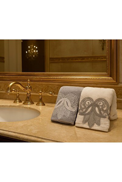 Çeyiz Bahçesi 2-листовий оксамитовий рушник для рук сірого кремового кольору