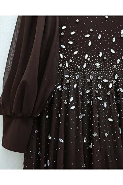 Modamorfo Lined Tulle Evening Dress with Stone Detail on the Front - Brown