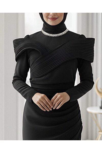Modamorfo Evening Dress with Stone Detail on the Collar and Draped Shoulders - Black