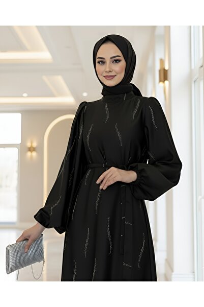 Modamorfo Φόρεμα σιφόν με μοτίβο πέτρας και ζώνη - Μαύρο