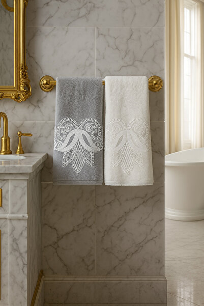 Çeyiz Bahçesi 2-листовий оксамитовий рушник для рук сірого кремового кольору