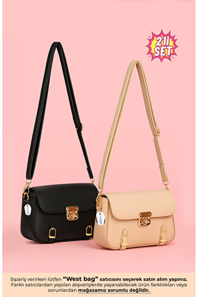 westbag Kadın Kilit Detaylı Çapraz Askılı El ve Omuz Çantası Küçük Boy Siyah ve Krem 2'li Set