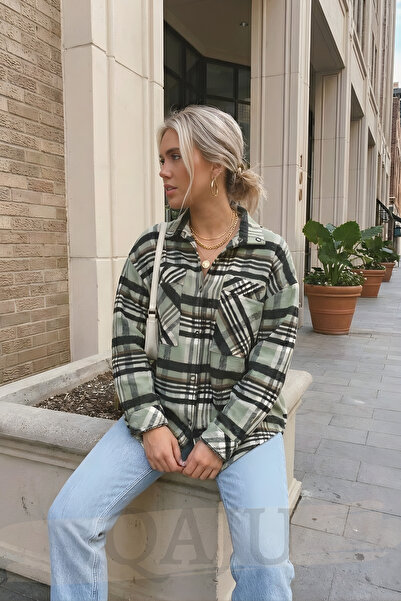 Qaju Women's Oversized Plaid Woven Shirt Jacket– Green Black
