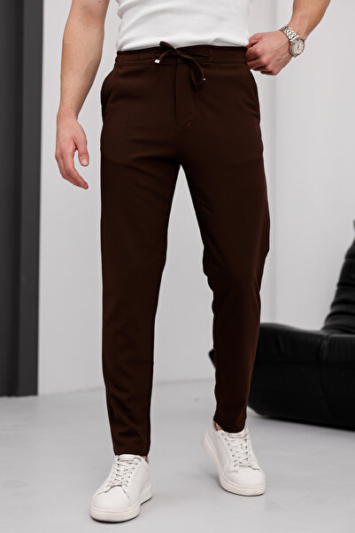 MODAMESTO Ανδρικό καφέ παντελόνι Jogger με άνετη εφαρμογή με πλαϊνές τσέπες και ελαστική μέση με κορδόνια