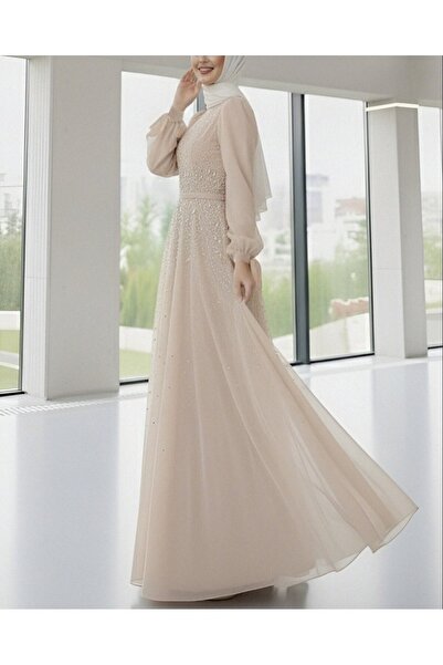 Modamorfo Lined Tulle Evening Dress with Stone Detail on the Front - Beige