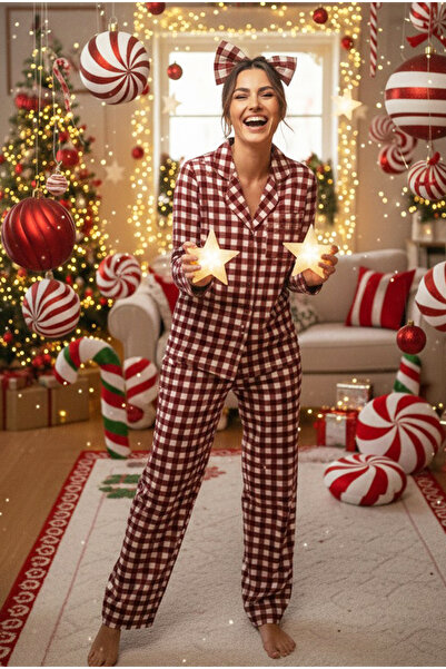 Siyah İnci Burgundy Plaid Patterned Knitted Pocket Detailed Buttoned Cotton Pajama Set7611