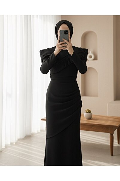 Modamorfo Evening Dress with Stone Detail on the Collar and Draped Shoulders - Black