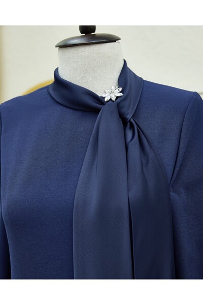 Modamorfo Crepe Dress with Scarf Collar, Brooch Detail and Sleeve Laces - Navy