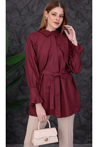 Dagü Design Kadın tesettür seyyar kuşaklı poplin tunik bordo