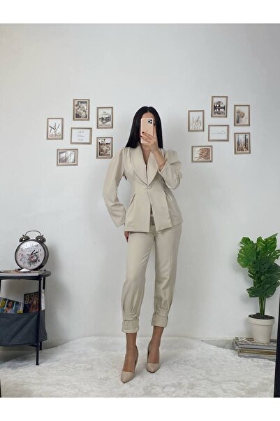 comstar Women's Buttoned Trousers Jacket Cream Double Set