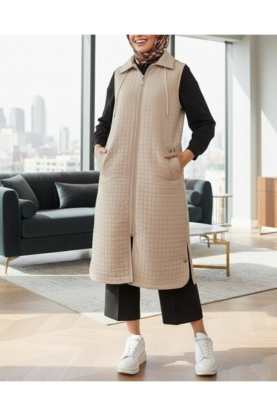 Modamorfo Long Quilted Vest with Zippered Hooded Pockets - Stone