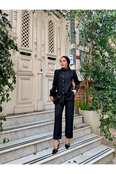 comstar Women's Patterned Shirt Loose Pants Bottom Top Black Double Set