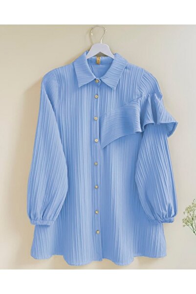 Modamorfo Elastic Tunic with Ruffle Detail on the Sleeve - Baby Blue