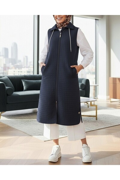 Modamorfo Long Quilted Vest with Zippered Hooded Pockets - Navy