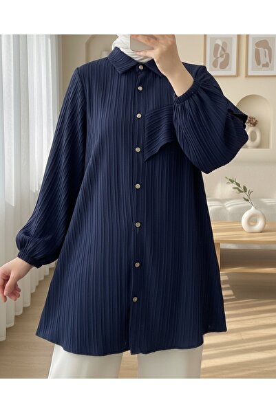 Modamorfo Elastic Tunic with Ruffle Detail on the Sleeves - Navy