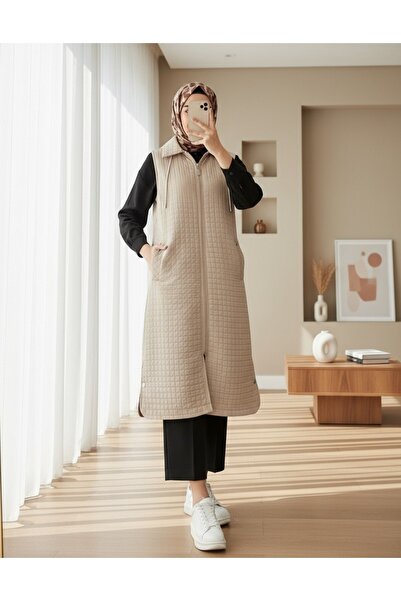 Modamorfo Long Quilted Vest with Zippered Hooded Pockets - Stone