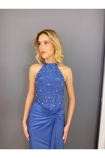 gökkuşagı moda İndigo Dik Yaka Likralı Üst İncili Uzun Abiye Elbise