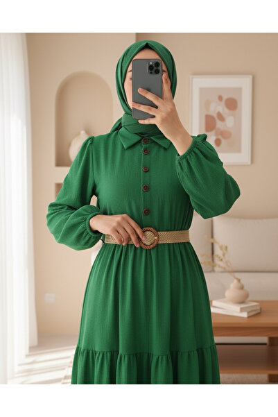 Modamorfo Πράσινο τσαλακωμένο φόρεμα - Κομμάτια, μισά κουμπιά και ζώνη