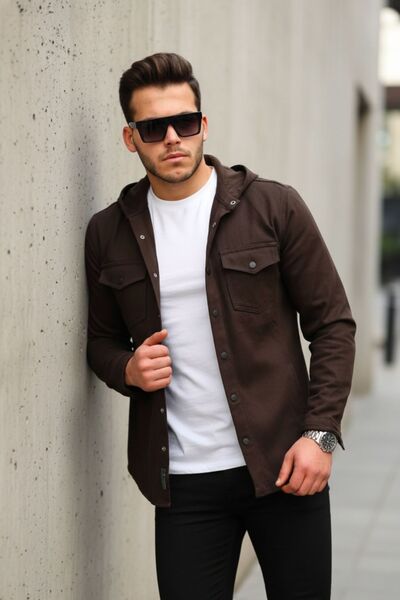 comstar Men's Hooded Snap Fastener Loose Basic Brown Denim Shirt