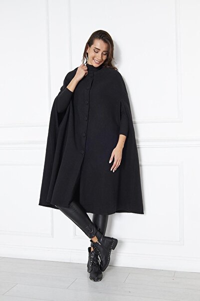 comstar Women's Trendy Buttoned Black Cashmere Cape Poncho