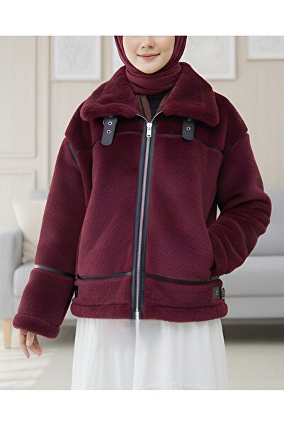 Modamorfo Reverse Detail Plush Laminated Leather Detailed Coat - Burgundy