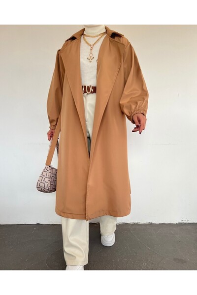 Modamorfo Beli Bağcıklı Kolu Lastikli Tesettür Trenckot -Vizon