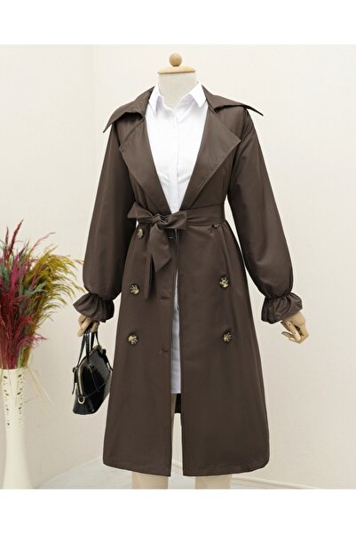 Modamorfo Elastický trenčkot s páskem a kapsami - hnědý