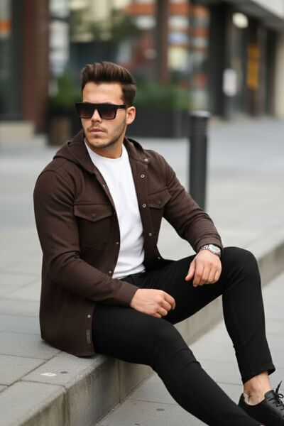 comstar Men's Hooded Snap Fastener Loose Basic Brown Denim Shirt