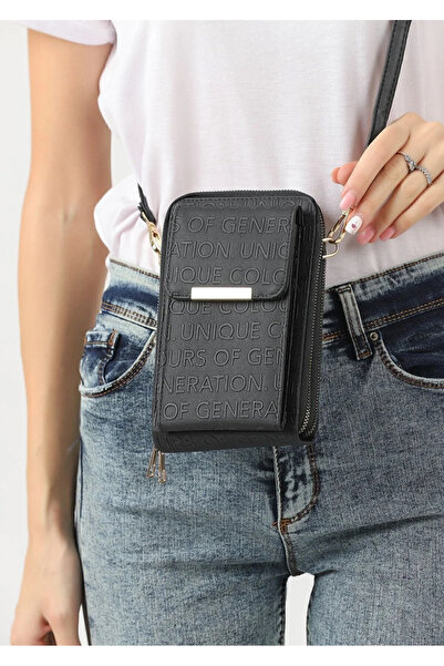 Universal Unique Market Black Women's Crossbody Phone 3 Compartment Wallet Bag