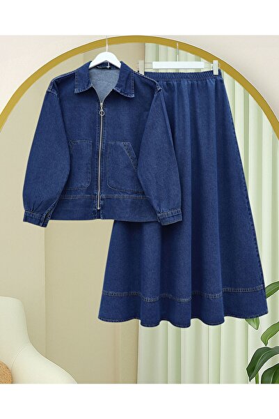 Modamorfo Denim Suit with Front Zipper and Double Pockets - Indigo