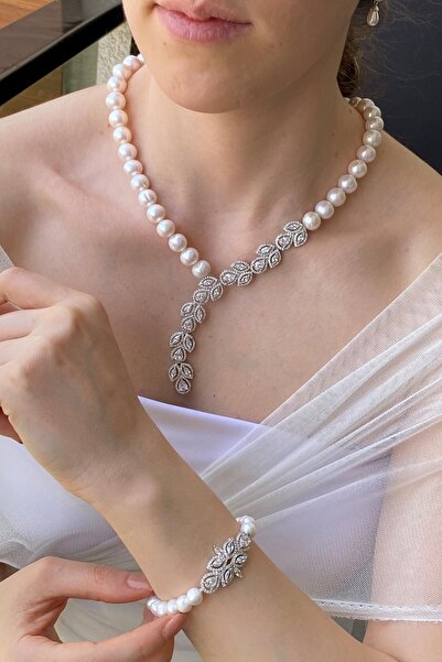 Birinci1926 925 Ayar Gümüş Kadın Yaprak Modelli Zirkon Taşlı Doğal Inci Kolye...