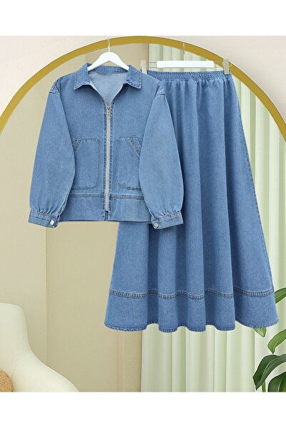 Modamorfo Denim Suit with Front Zipper and Double Pockets - Ice Blue