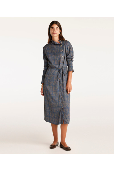 Yargıcı Yüksek Yaka Kuşalı Uzun Kollu Midi Boy Elbise