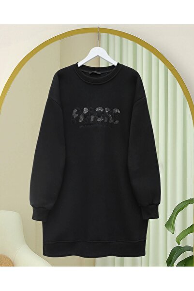 Modamorfo Three Thread Sweater with Sequin Detail and Script on the Front - Black