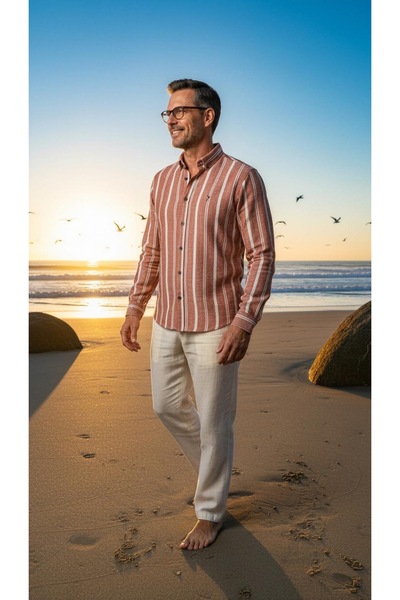 MEGALDİ Erkek Slim Fit Kesim Keten Turuncu Çizgili Uzun Kollu Gömlek