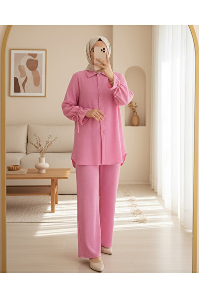 Modamorfo Top Buttoned Sleeve Lace-Up Crinkle Suit -Pink