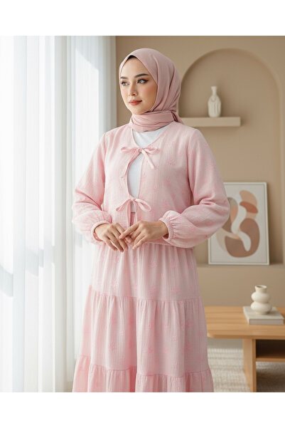 Modamorfo Muslin Set with Lace-Up Front and Embroidery Detail Skirt - Powder