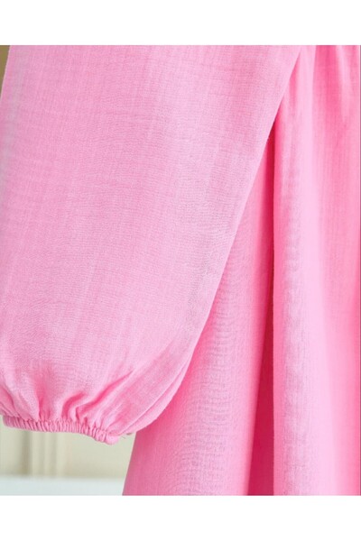 Modamorfo Muslin Dress with Bow Detail on the Front and Elastic Sleeves - Pink