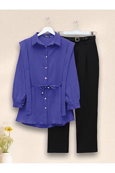 Modamorfo Сорочка з перламутровими ґудзиками на плечах і зав'язкою на талії - синя