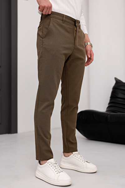 MODAMESTO Ανδρικό εφαρμοστό Καφέ ελαστικό ύφασμα Λινό Παντελόνι