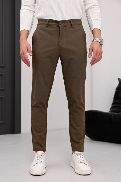 MODAMESTO Ανδρικό εφαρμοστό Καφέ ελαστικό ύφασμα Λινό Παντελόνι