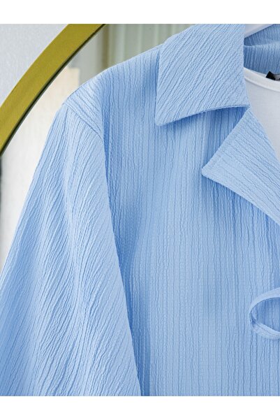 Modamorfo Crinkle Suit with Tie Front Skirt - Baby Blue