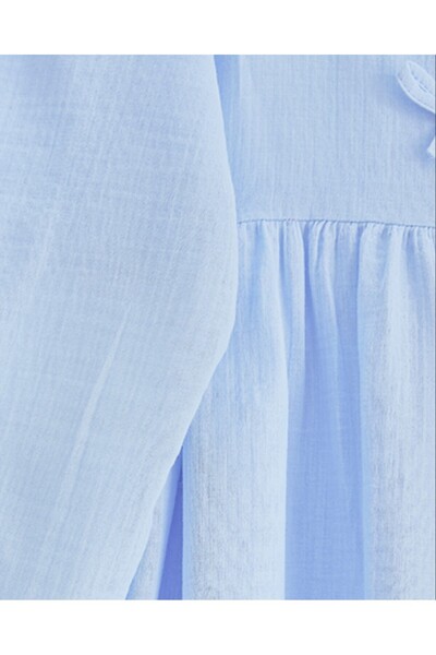 Modamorfo Muslin Dress with Bow Detail on the Front and Elastic Sleeves - Baby Blue