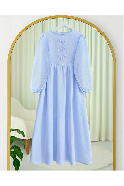 Modamorfo Muslin Dress with Bow Detail on the Front and Elastic Sleeves - Baby Blue
