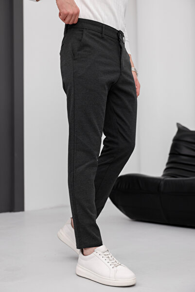 MODAMESTO Ανδρικό παντελόνι εφαρμοστό ανθρακί ελαστικό ύφασμα λινό