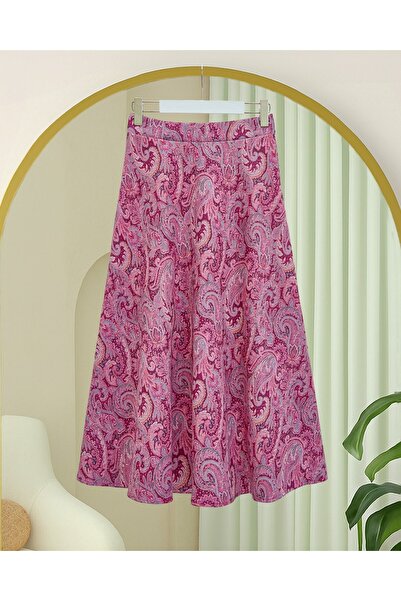 Modamorfo Elastic Waist Ethnic Pattern Flared Skirt - Cherry