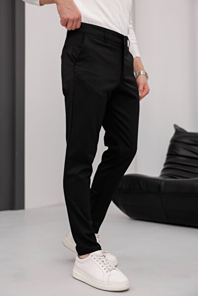 MODAMESTO Ανδρικό εφαρμοστό Μαύρο ελαστικό ύφασμα Λινό Παντελόνι