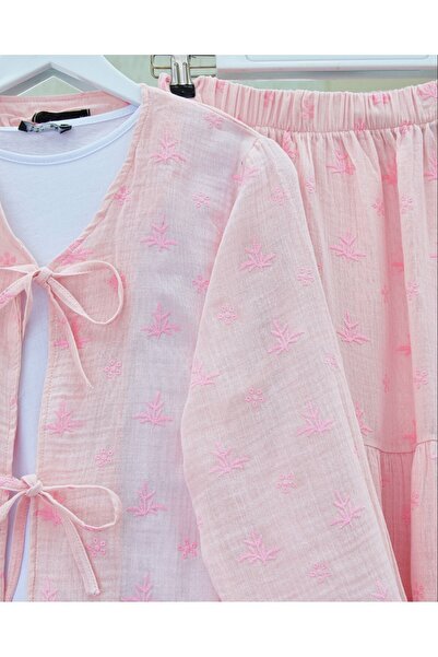 Modamorfo Muslin Set with Lace-Up Front and Embroidery Detail Skirt - Powder